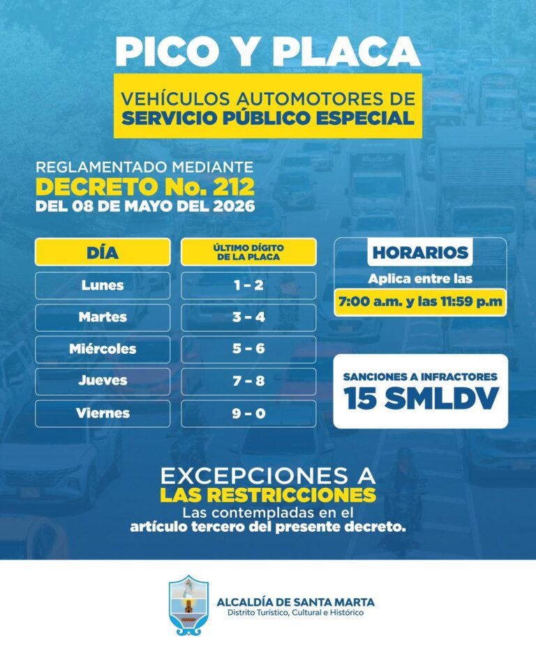Nuevo pico y placa en Santa Marta para servicio público especial