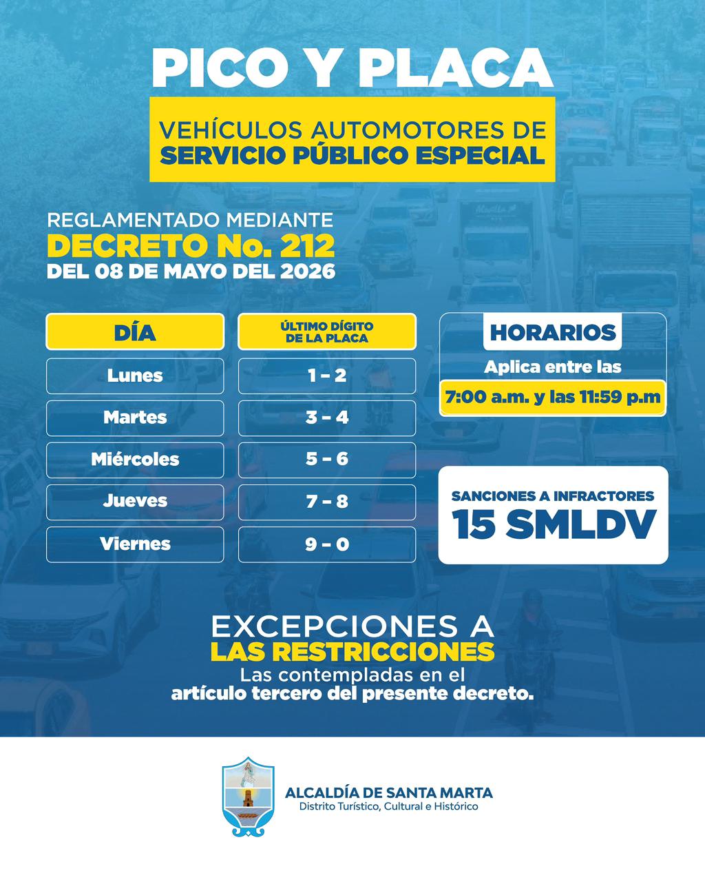 Nuevo pico y placa en Santa Marta para servicio público especial