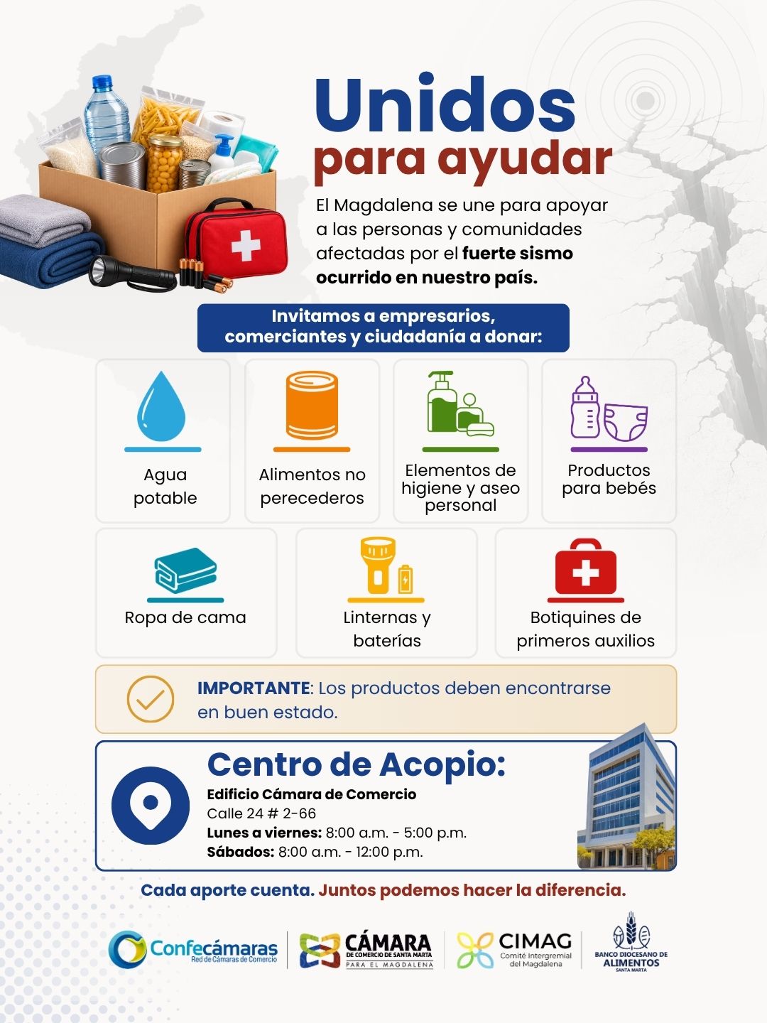 CámComercio de Santa Marta, Comité Intergremial y Banco de Alimentos se unen para apoyar a los afectados por terremoto