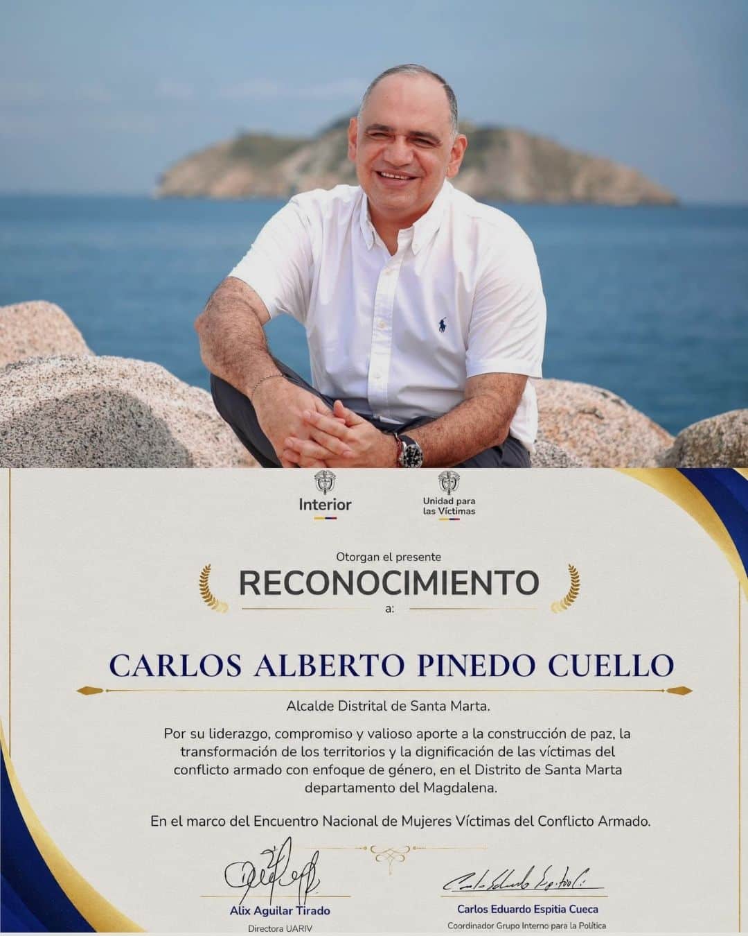 Entregan reconocimiento al alcalde Carlos Pinedo Cuello por su apoyo a las víctimas del conflicto armado